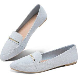 Obtaom Women's Light Blue Faux Leather Pointed Toe Slip On Loafer Ballet Flat
